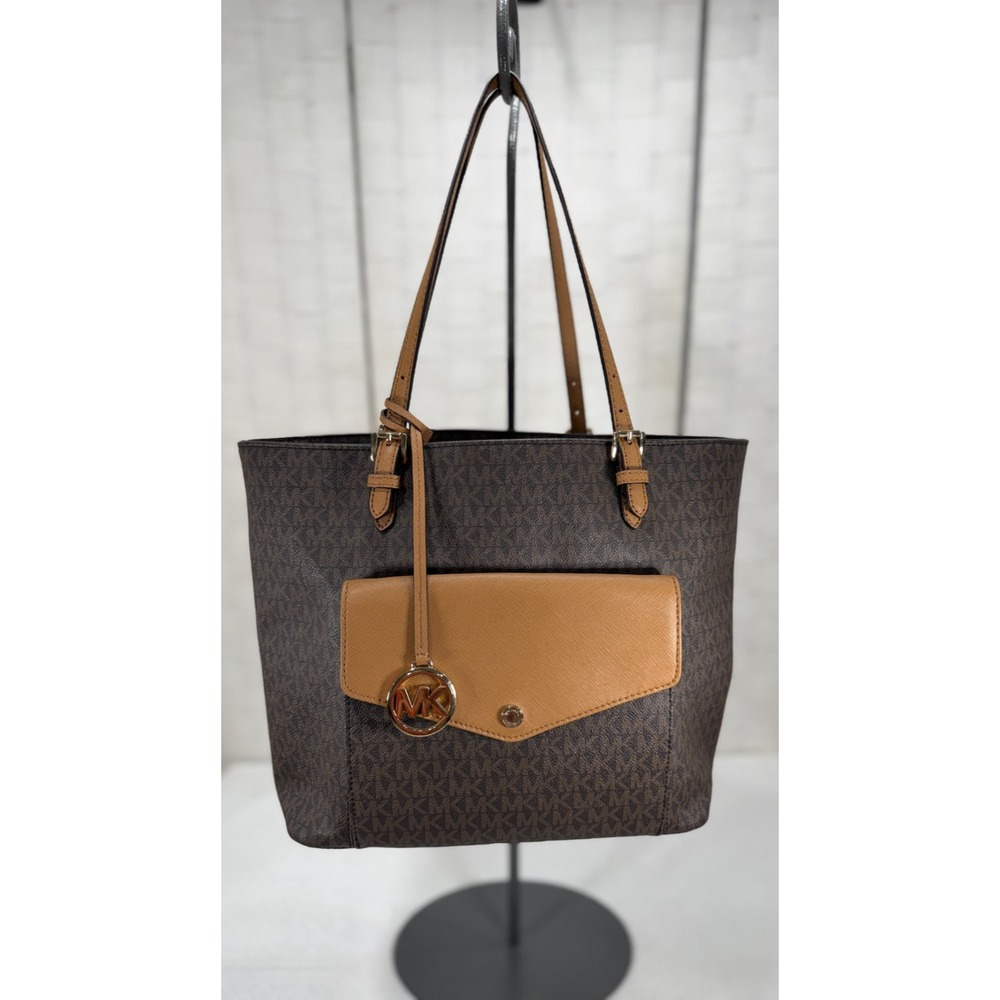 Michael Kors Jet Set Medium Pocket tote brown monogram leather gold hardware